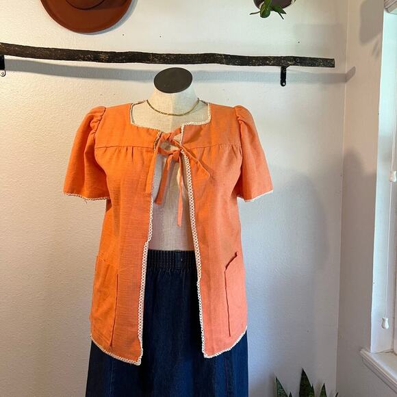Handmade Orange Textured Two Bow Tie Puffed Short Sleeve Blouse Size Medium - Picture 11 of 11